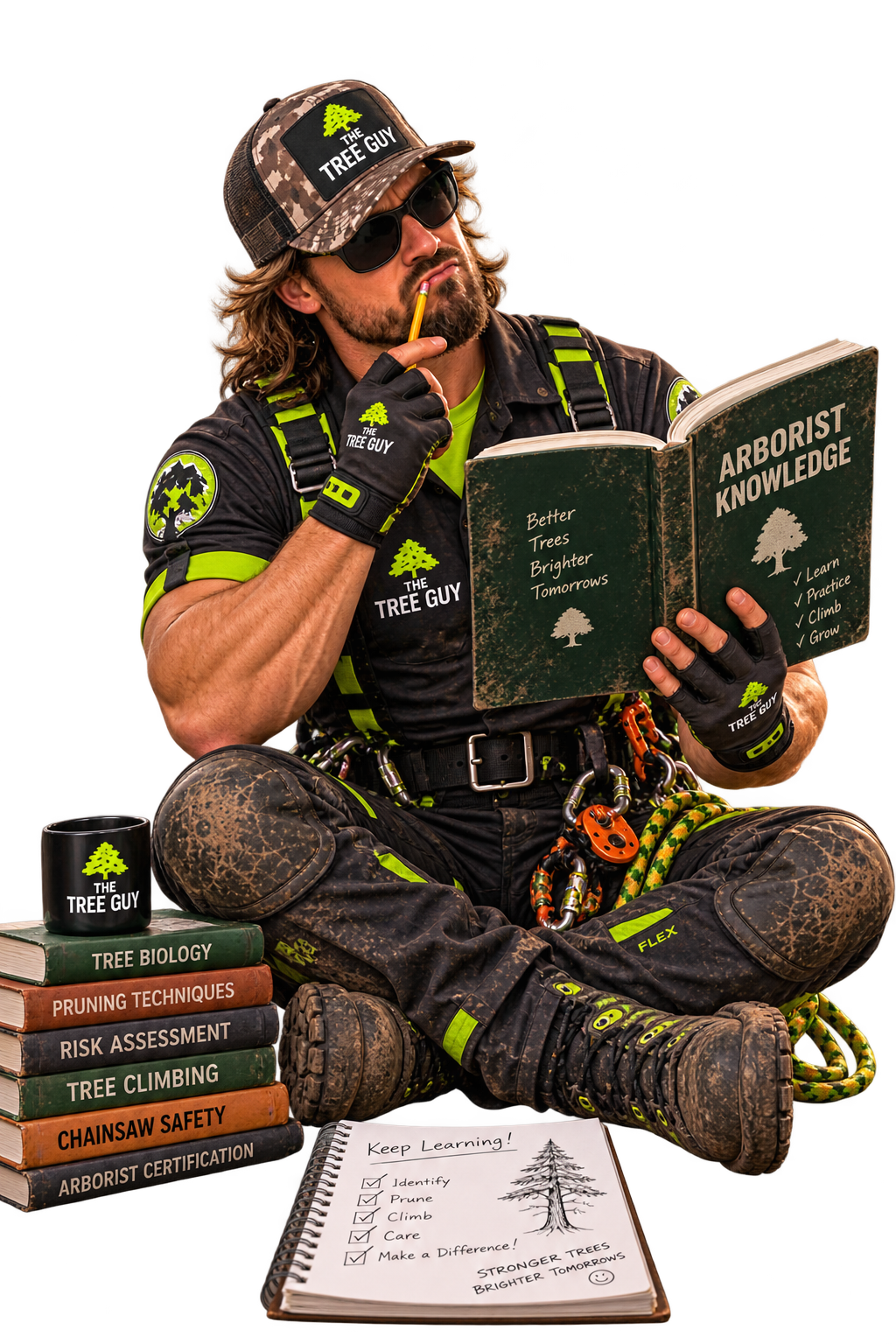 Our Tree Guy mascot studying arboriculture